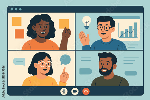Team members engaged in a virtual meeting online sharing ideas and insights