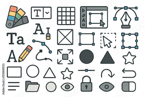 Design icons and symbols showcasing various graphic design tools and elements for digital creativity