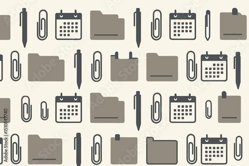 Collection of office supplies including folders, calendars, pens, and paperclips arranged in a repeating pattern