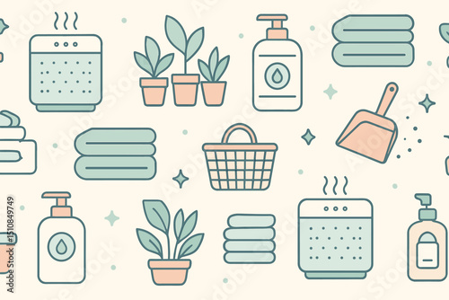 Home cleaning essentials pattern featuring laundry tools, plants, and personal care items in soft pastel colors