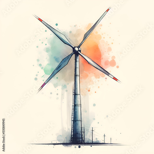 An isolated wind turbine in watercolor. Clean energy. Alternative energy sources. Illustration of a wind turbine