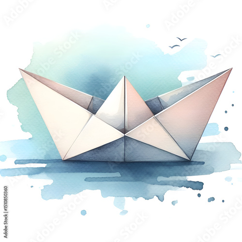 Paper boat in watercolor style. Origami made of paper. The art of origami