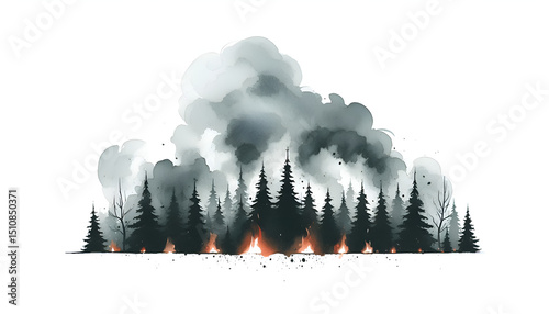 Illustration of a fire in the forest. The fire was caused by drought.