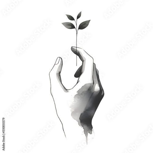 Monochrome illustration of a hand with a plant. plant in hand