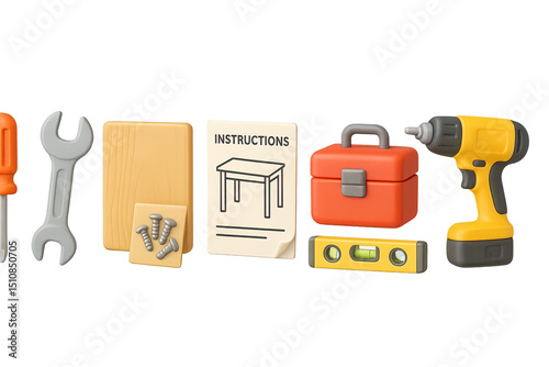 Furniture Assembly Icons. 3D icon set of assembling furniture as a duo: screwdriver, wrench, wood panel, screw pack, instruction