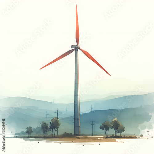 Wind turbines in watercolor. Clean energy. Alternative energy sources