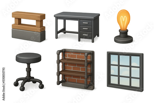 Industrial Workspace Icons. 3D icon set of industrial loft workspaces: exposed beam, metal desk, Edison lamp, concrete floor,