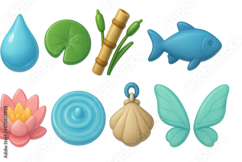Water Nymph Icon Set. 3D icons set of water nymphs and sprites: water droplet, lily pad, reed flute, fish silhouette, lotus