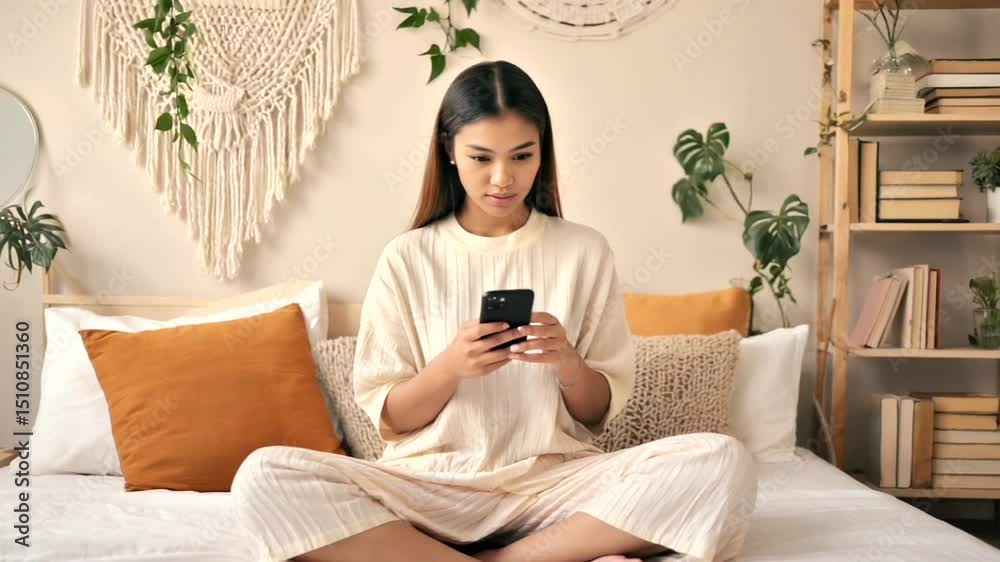 Young woman sitting cross-legged on a cozy bed, engaging with her smartphone in a serene room Young woman sitting cross-legged on a cozy bed, engaging with her smartphone in a serene room