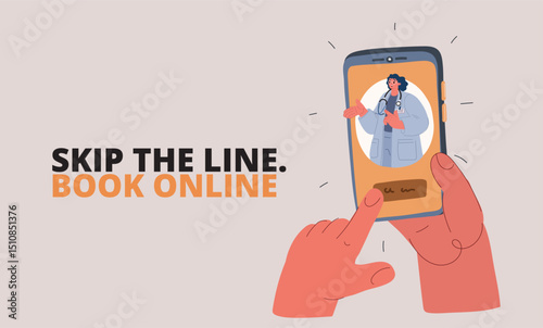 Cartoon vector illustration of a woman’s hand holding a smartphone showing a doctor, representing telemedicine and digital healthcare