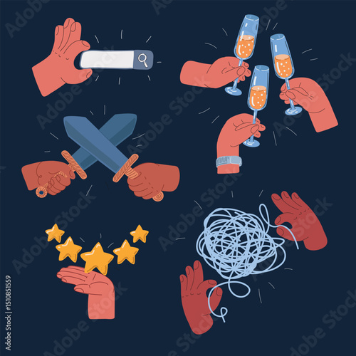 Cartoon vector illustration of diverse hands performing different actions: searching, celebrating, rating, unraveling yarn, and sword fighting, symbolizing variety and teamwork