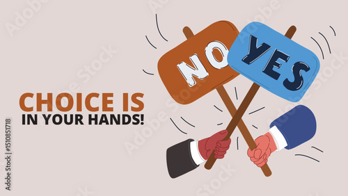 Cartoon vector illustration of two hands clashing with Yes and No signs, symbolizing conflict and decision-making