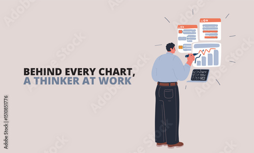 Cartoon vector illustration of a man studying a graph with multiple open program windows, symbolizing work, analysis, and data interpretation