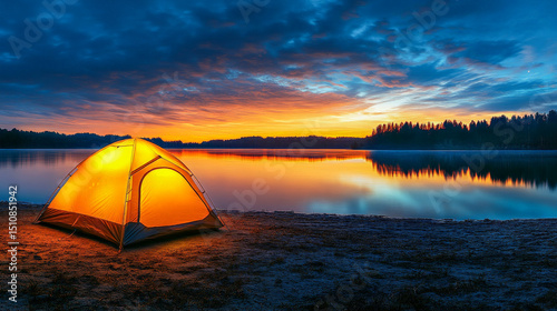 High Resolution Lakeside Camping Tent at Sunset over Tranquil Mountain Lake Reflection for Adventure and Outdoor Travel Marketing