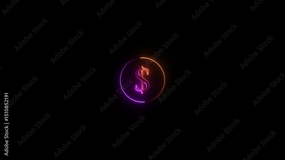 Animated neon dollar symbol in a circle on a black background represents finances and business success with glowing light effects