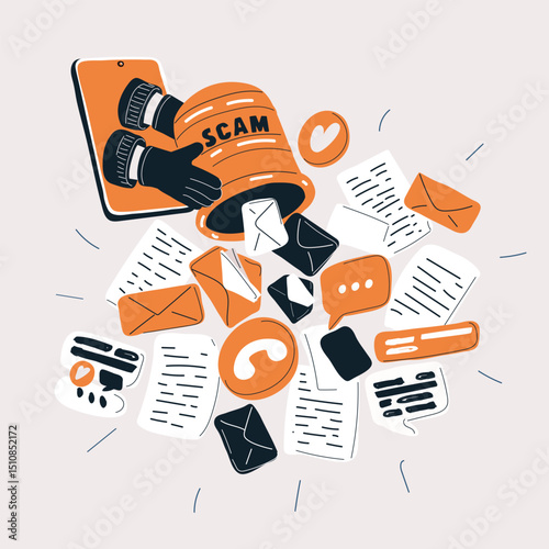 Cartoon vector illustration of scammer hands pouring a bucket of spam from a smartphone, representing online fraud and digital misinformation