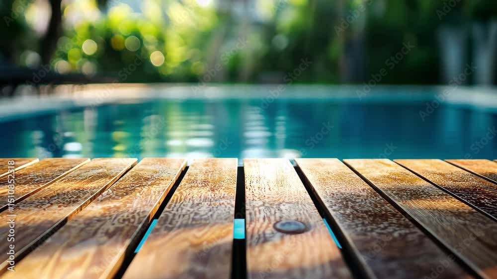 Wooden table next to calming swimming pool in lush outdoor setting, empty wooden table with swimming pool background