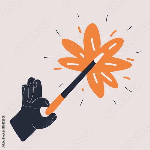 Cartoon vector illustration of a hand wielding a magic wand, representing enchantment, power, and mystical energy
