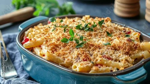 Delicious baked pasta casserole topped with golden breadcrumbs and fresh herbs in a cozy kitchen setting, Delicious baked pasta casserole with golden breadcrumb topping in blue ceramic dish