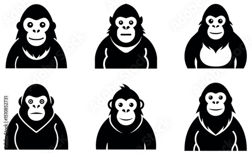 Simple black and white gorilla icons set