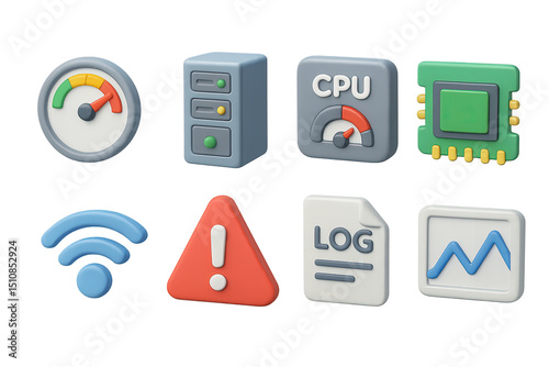 Performance Monitoring Icons. 3D icons set of performance monitoring post-release: speedometer, server tower, CPU gauge, memory