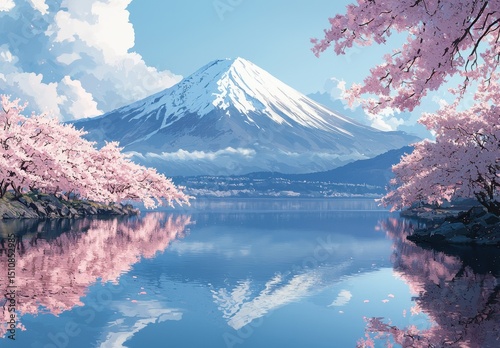 Majestic Mount Fuji with Cherry Blossoms Reflected in Lake for Travel & Nature