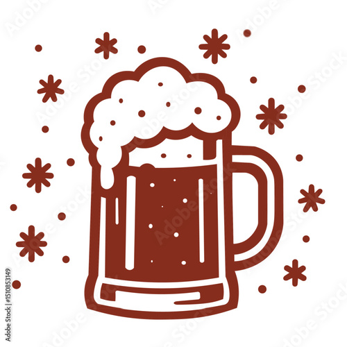 Beer mug with foam illustration, ice and snowflakes, vector art, red icon