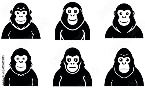 Simple black and white gorilla icons set