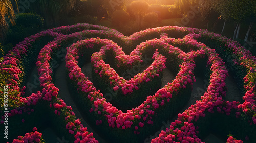 Heart-shaped Maze A large maze in the shape of a heart surrounded by flowers, valentine day