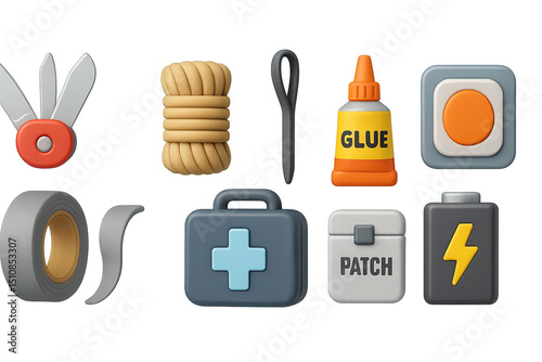 Repair Tools Icons. 3D icons set of repair and maintenance tools: multi-tool, duct tape, spare rope, zip tie, repair kit, glue