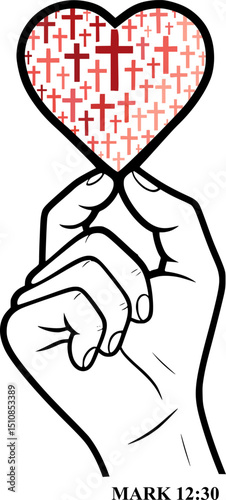 Love the Lord with all your heart and with all your soul and with all your strength -Mark 12:30 Bible Verse Vector, Hand Holding Heart with Cross, Christian Faith Illustration