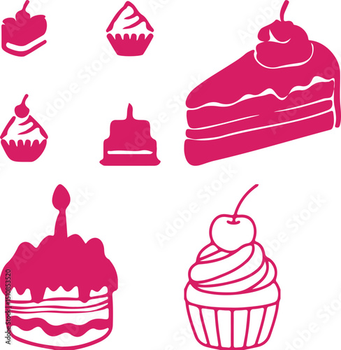 Cute seamless pattern of cartoon cupcakes and cakes with sweet decorations in a vector illustration