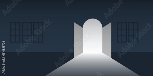Dark Room, Light Coming In Through an Open Door - New Possibilities, Hope, Overcome Problems, Solution Finding Concept