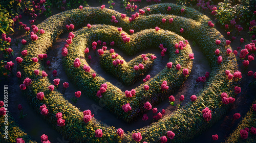 Heart-shaped Maze A large maze in the shape of a heart surrounded by flowers, valentine day