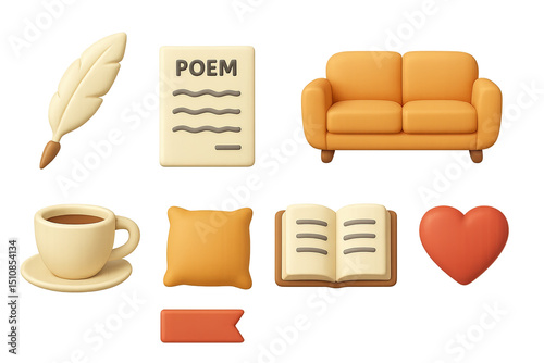 Poetry Elements Icons. 3D icon set of poetry reading: quill pen, poem page, open book, couch, cushion, coffee cup, bookmark, heart