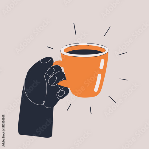 Cartoon vector illustration of a hand gripping a coffee mug, representing comfort, energy boost, and everyday habits