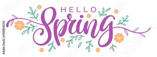 Hello Spring lettering and colorful flowers. Flat style vector illustration. Vector eps