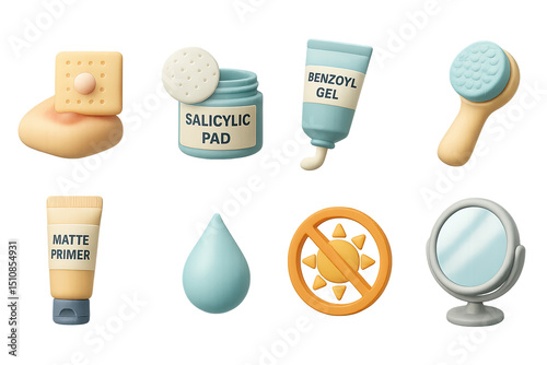 Acne Treatment Icons. 3D icon set of acne treatment steps: spot patch, salicylic pad, benzoyl gel, cleansing brush, matte primer,