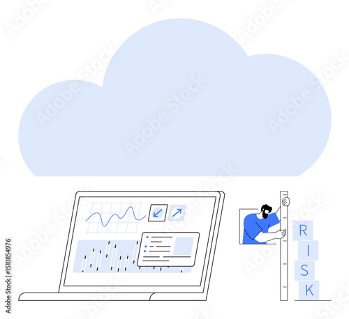 Laptop with analytics graphs, charts, professional stacking RISK blocks on ladder, and cloud above. Ideal for technology, risk analysis, data security, business strategy, cloud computing