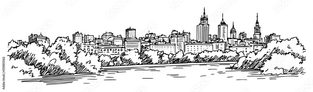 Naklejka premium city skyline with river and trees hand drawn vector illustration