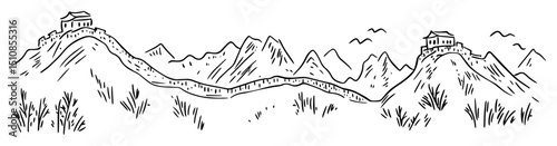 great wall of china across mountain ridge