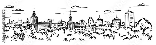 urban skyline above dense forest with classic buildings