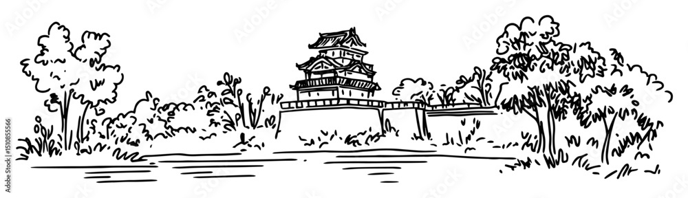 Fototapeta premium japanese castle with lake and trees sketch