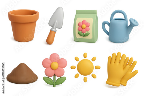 Gardening Icon Set. 3D icons set of planting flowers: flower pot, planting trowel, seed packet, watering can, garden soil, bloom,