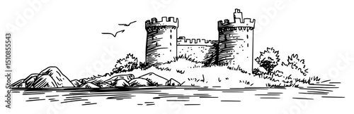 stone castle with towers by the water