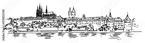 old european city skyline with river and cathedral