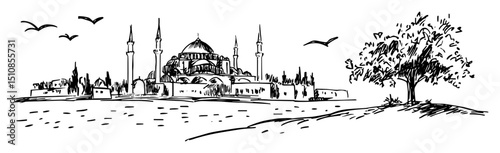 grand mosque with minarets and open square