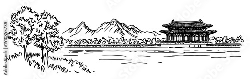 traditional asian temple with mountains and lake