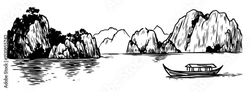 limestone islands and traditional boat in calm bay