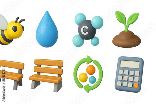 Ecosystem Services Icons. 3D icons set of ecosystem services valuation: pollination icon, water purification droplet, carbon